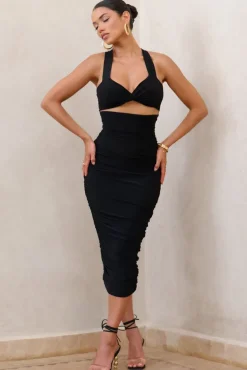 Embody | Black Cut Out Twist Front Ruched Midi Dress