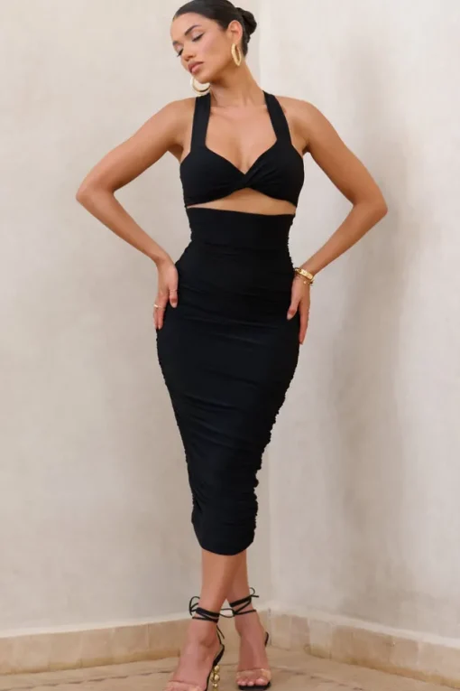 Embody | Black Cut Out Twist Front Ruched Midi Dress