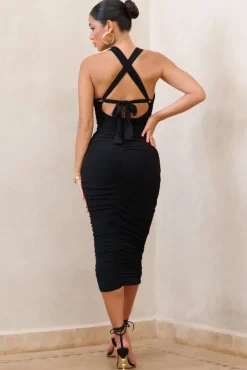 Embody | Black Cut Out Twist Front Ruched Midi Dress