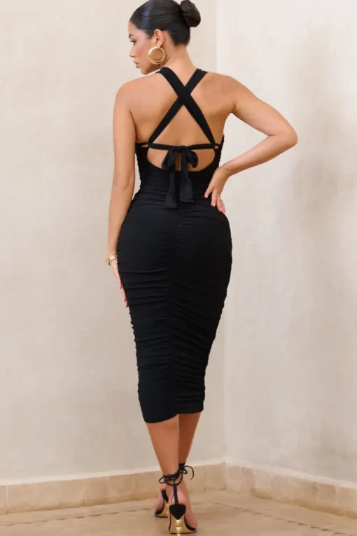 Embody | Black Cut Out Twist Front Ruched Midi Dress