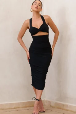 Embody | Black Cut Out Twist Front Ruched Midi Dress