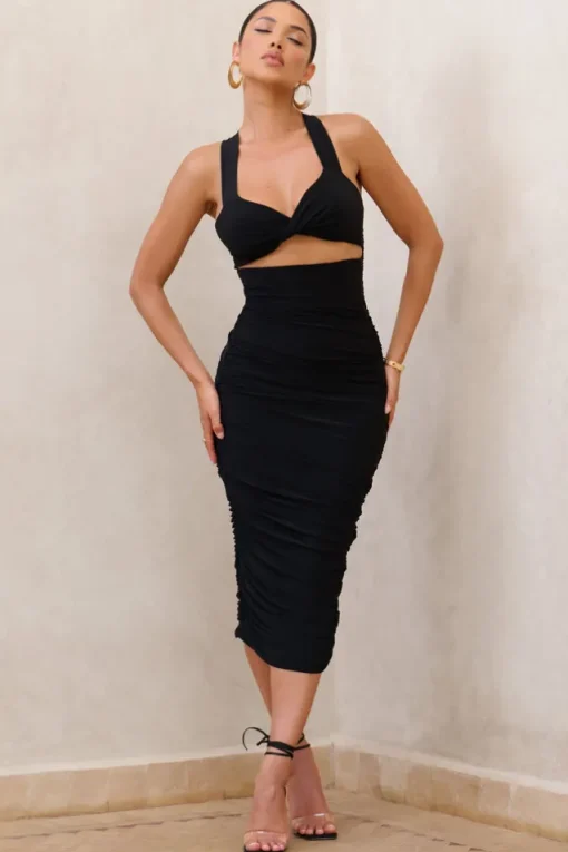Embody | Black Cut Out Twist Front Ruched Midi Dress