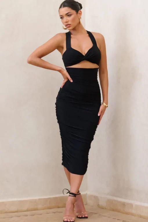 Embody | Black Cut Out Twist Front Ruched Midi Dress