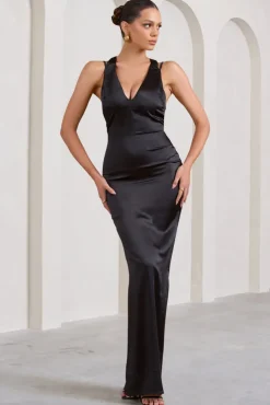 Emery | Black Satin Plunge Neck Strappy Back Maxi Dress