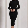 Emilie | Black Ruched Long-Sleeve Midi Dress