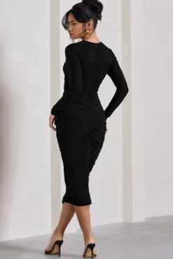 Emilie | Black Ruched Long-Sleeve Midi Dress