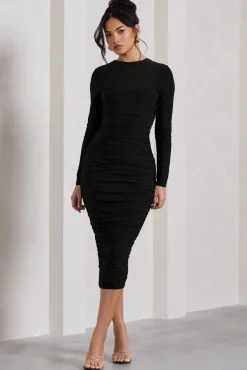 Emilie | Black Ruched Long-Sleeve Midi Dress