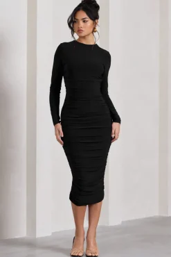 Emilie | Black Ruched Long-Sleeve Midi Dress