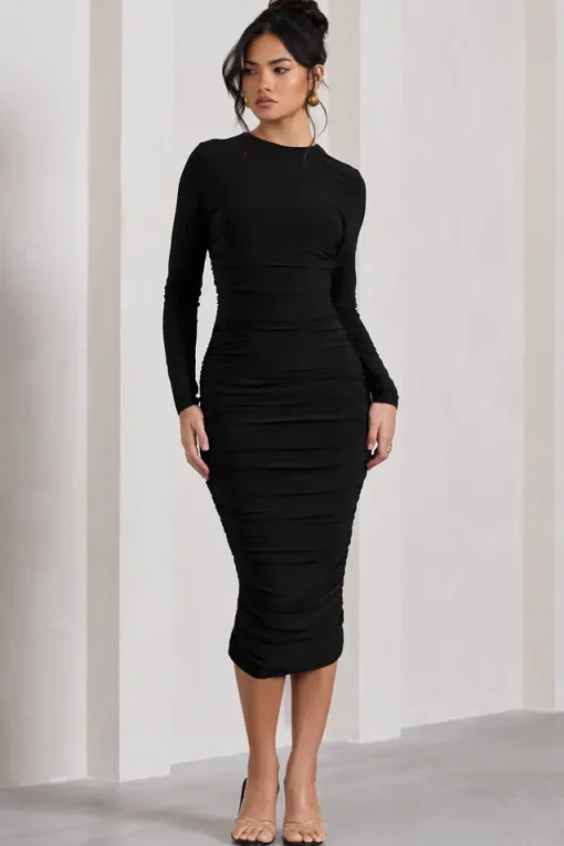 Emilie | Black Ruched Long-Sleeve Midi Dress