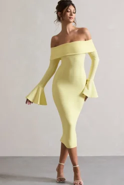 Emma | Lemon Bardot Flared-Sleeve Midi Dress