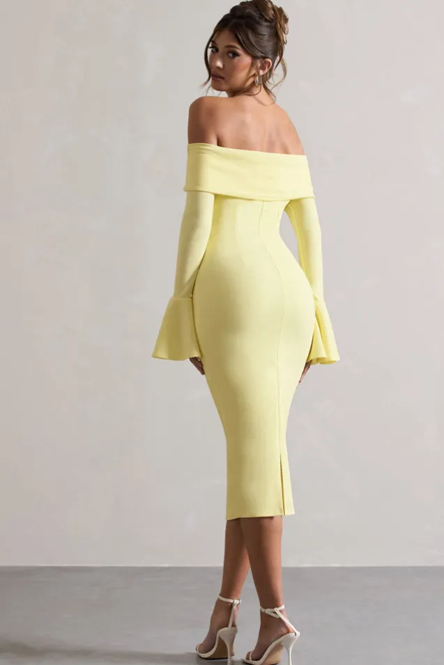 Emma | Lemon Bardot Flared-Sleeve Midi Dress