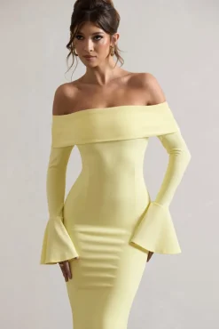 Emma | Lemon Bardot Flared-Sleeve Midi Dress