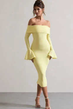 Emma | Lemon Bardot Flared-Sleeve Midi Dress