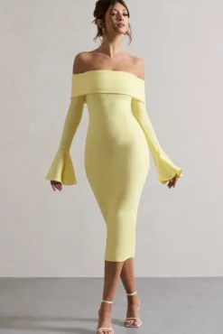 Emma | Lemon Bardot Flared-Sleeve Midi Dress