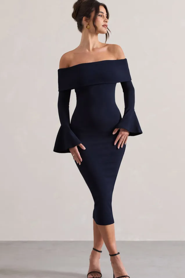 Emma | Navy Bardot Flared-Sleeve Midi Dress