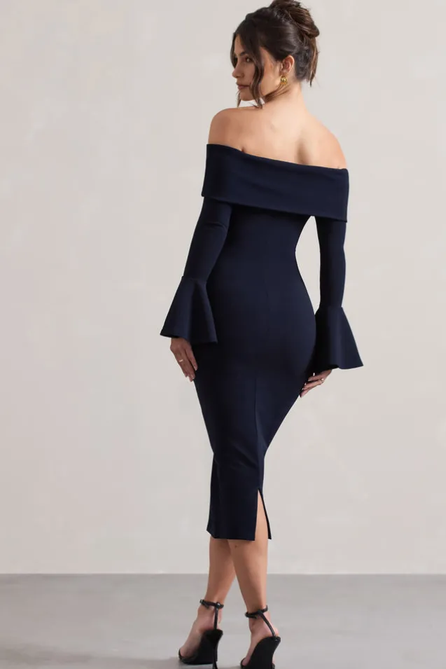 Emma | Navy Bardot Flared-Sleeve Midi Dress
