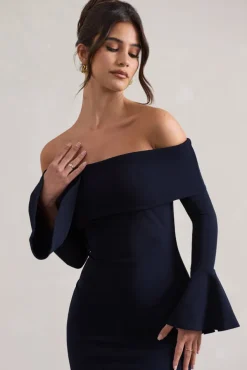 Emma | Navy Bardot Flared-Sleeve Midi Dress