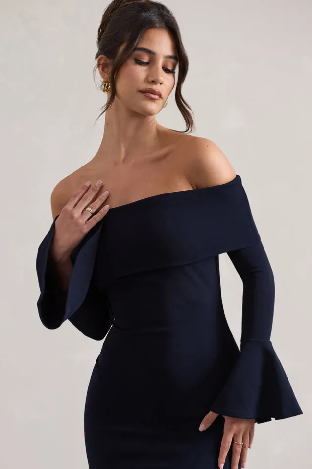 Emma | Navy Bardot Flared-Sleeve Midi Dress