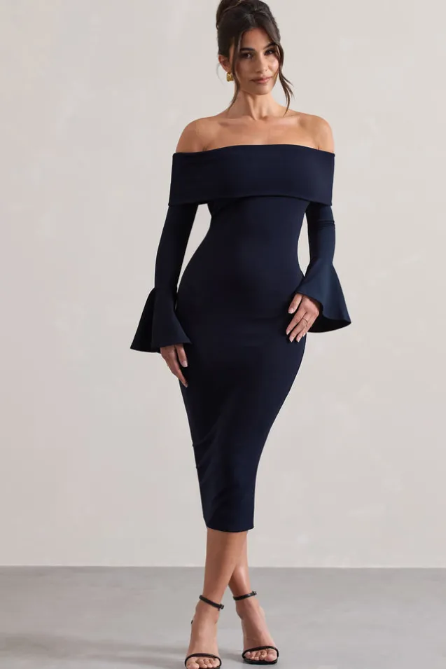 Emma | Navy Bardot Flared-Sleeve Midi Dress