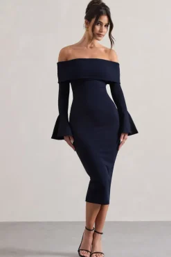 Emma | Navy Bardot Flared-Sleeve Midi Dress