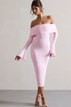 Emma | Pink Bardot Flared-Sleeve Midi Dress