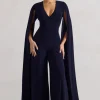 Emmanuela | Navy Plunge-Neck Wide-Leg Jumpsuit With Cape Sleeves