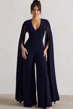 Emmanuela | Navy Plunge-Neck Wide-Leg Jumpsuit With Cape Sleeves