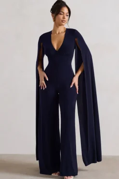 Emmanuela | Navy Plunge-Neck Wide-Leg Jumpsuit With Cape Sleeves