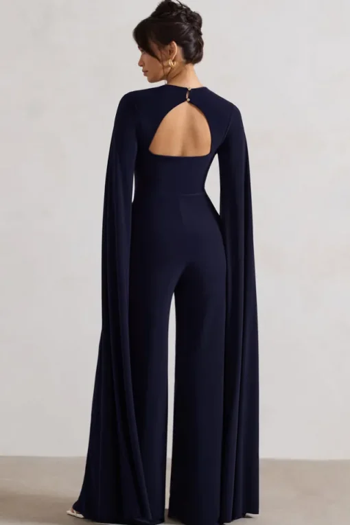 Emmanuela | Navy Plunge-Neck Wide-Leg Jumpsuit With Cape Sleeves