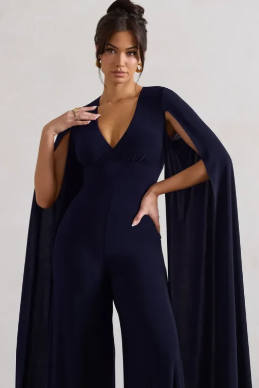 Emmanuela | Navy Plunge-Neck Wide-Leg Jumpsuit With Cape Sleeves
