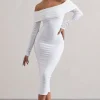 Emmeline | White Jacquard Bardot Midi Dress