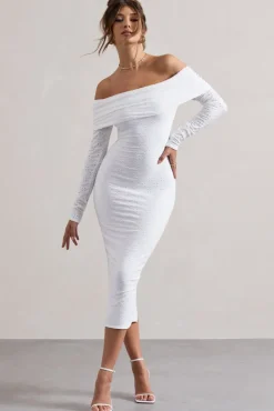 Emmeline | White Jacquard Bardot Midi Dress