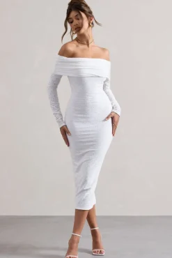Emmeline | White Jacquard Bardot Midi Dress
