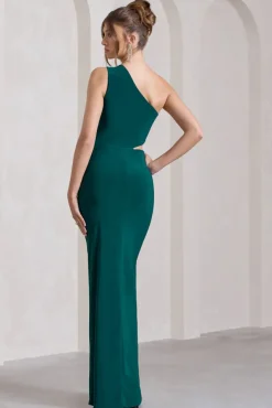 Emmy | Bottle Green One Shoulder Cut-Out Split Maxi Dress