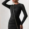 Empowered | Black High Neck Long Sleeves Zip Detail Mini Dress