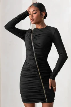 Empowered | Black High Neck Long Sleeves Zip Detail Mini Dress