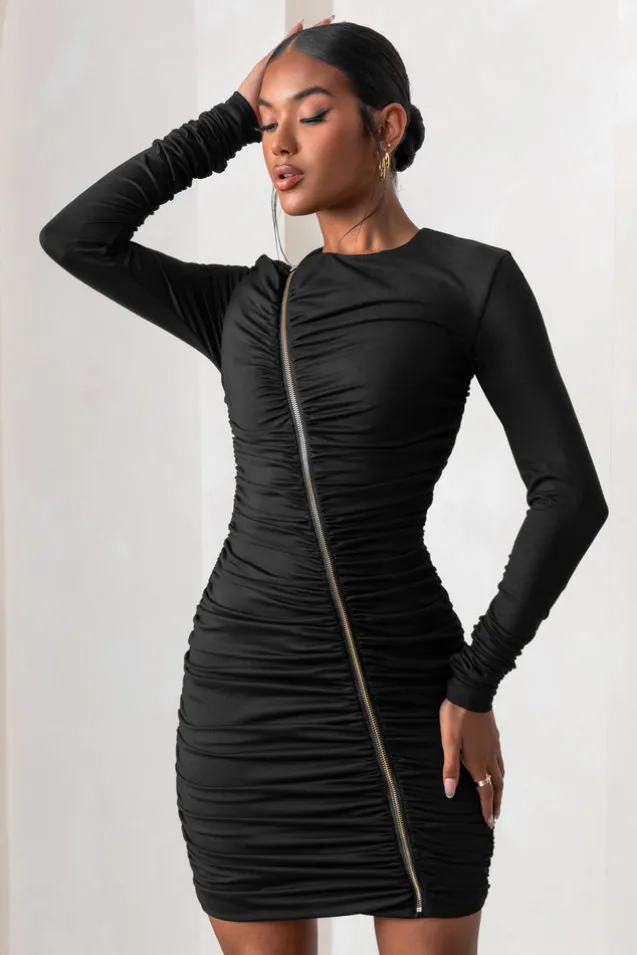 Empowered | Black High Neck Long Sleeves Zip Detail Mini Dress
