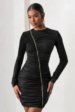 Empowered | Black High Neck Long Sleeves Zip Detail Mini Dress