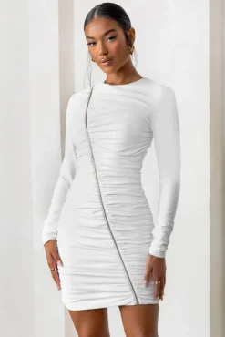 Empowered | White High Neck Long Sleeves Zip Detail Mini Dress