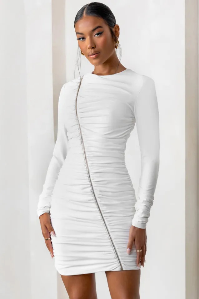 Empowered | White High Neck Long Sleeves Zip Detail Mini Dress