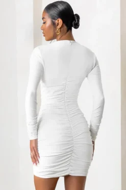 Empowered | White High Neck Long Sleeves Zip Detail Mini Dress