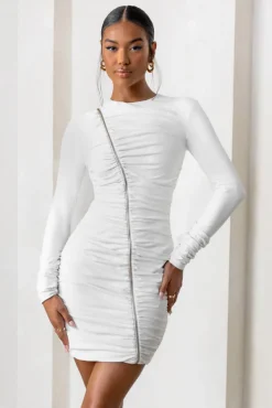 Empowered | White High Neck Long Sleeves Zip Detail Mini Dress