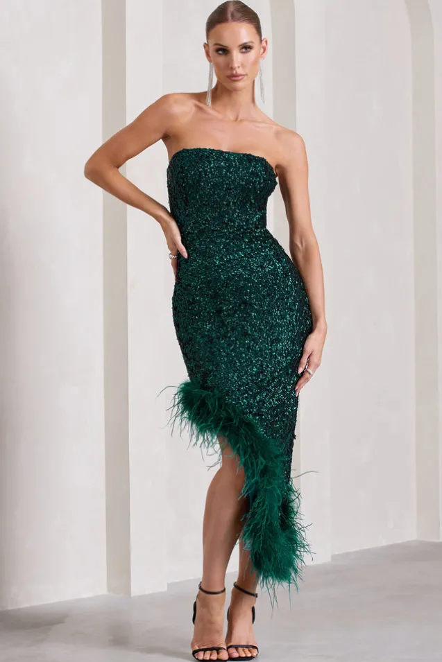 Emulate | Bottle Green Sequin Asymmetric Bandeau Maxi Dress With Feathers