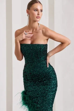 Emulate | Bottle Green Sequin Asymmetric Bandeau Maxi Dress With Feathers