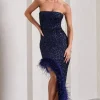 Emulate | Navy Sequin Asymmetric Bandeau Maxi Dress With Feathers