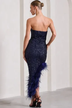 Emulate | Navy Sequin Asymmetric Bandeau Maxi Dress With Feathers