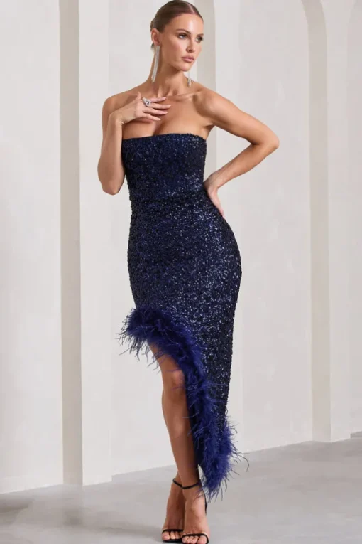 Emulate | Navy Sequin Asymmetric Bandeau Maxi Dress With Feathers