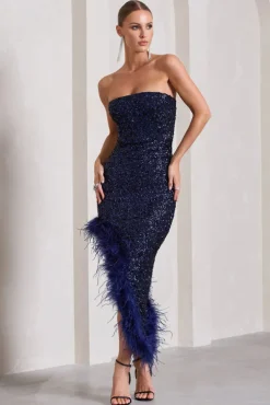 Emulate | Navy Sequin Asymmetric Bandeau Maxi Dress With Feathers