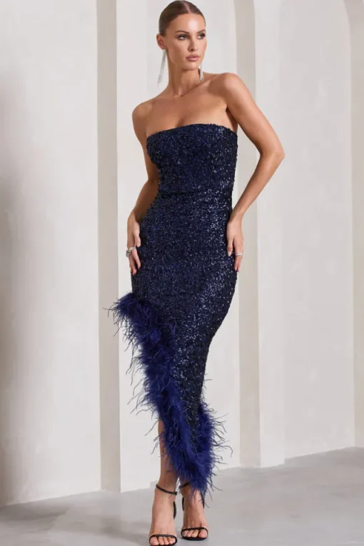 Emulate | Navy Sequin Asymmetric Bandeau Maxi Dress With Feathers