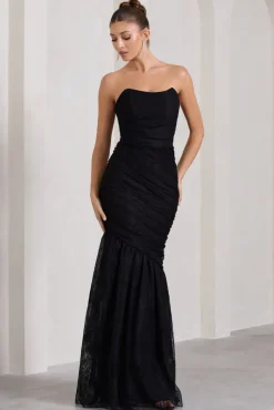 Encapsulate | Black Lace Ruched Strapless Fishtail Maxi Dress